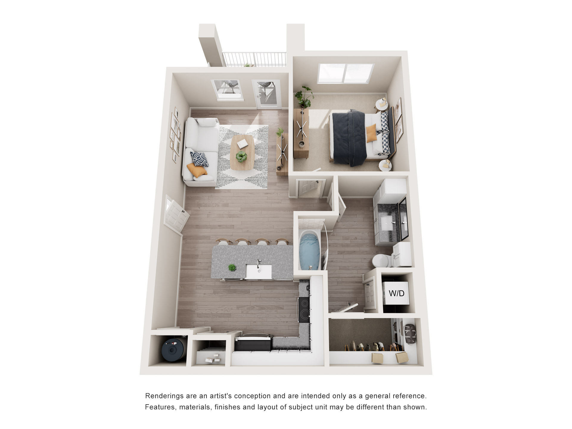 Floor plan for 1 bed, 1 bath, 726 sqft